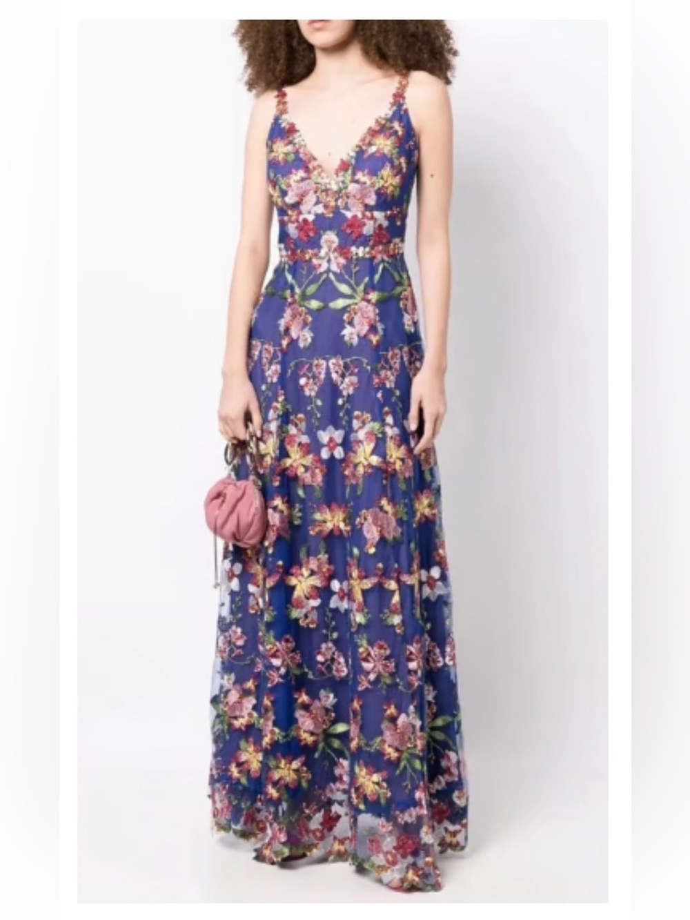 Marchesa Notte Embroidered Floral V-Neck Maxi Dress in Blue